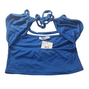12th Tribe Front Tie Cutout Crop Top L NWT Blue Ribbed Puff Sleeve Festival Y2K